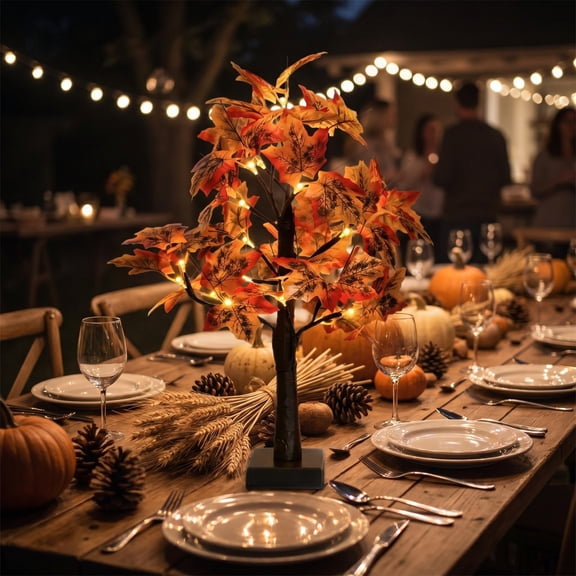 Fall Wedding DecorThanksgiving DecorationsFall Tree Lighted Maple Tree,Thanksgiving Decoration Maple Leaf Table Tree,Timer Battery Operate Fall Decor Lights(Orange 24IN)