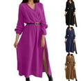 thumbnail image 1 of Fall Wedding Guest Dress Plus Size Solid Color V-Neck Waist Cinched Dress(Purple 3XL), 1 of 8