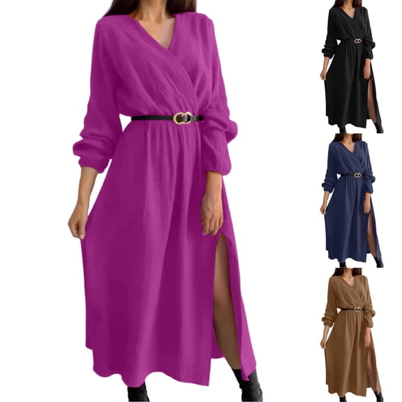 Fall Wedding Guest Dress Plus Size Solid Color V-Neck Waist Cinched Dress(Purple 3XL)