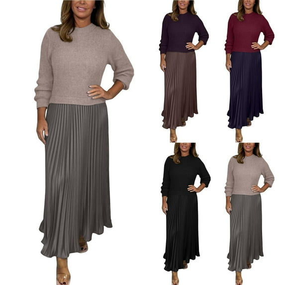 Fall Wedding Guest Dress Plus Size Solid Color and Elegant Round Neck Dress Pleated Long Skirt(Khaki L)