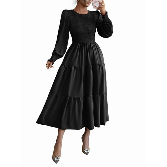 Fall Wedding Guest Dresses for Women Puff Long Sleeve Smocked Casual Crew Neck Tiered A Line Flowy Long Dress Black M