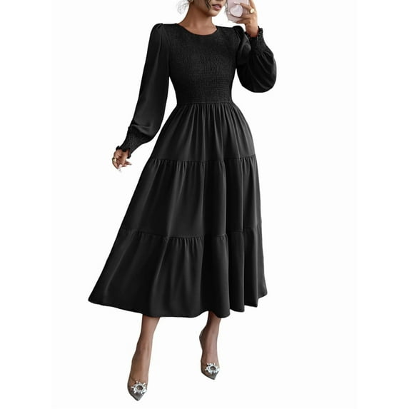 Fall Wedding Guest Dresses for Women Puff Long Sleeve Smocked Casual Crew Neck Tiered A Line Flowy Long Dress Black M