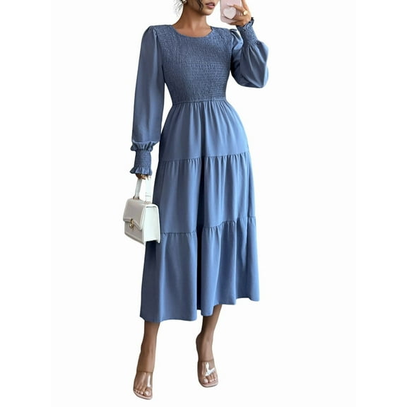 Fall Wedding Guest Dresses for Women Puff Long Sleeve Smocked Casual Crew Neck Tiered A Line Flowy Long Dress Blue L