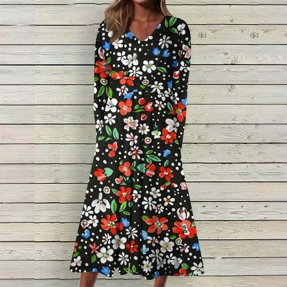 Fall Wedding Guest Dresses for Women V Neck Long Sleeve Floral Maxi Dress Fashion Retro Flowy Fall Dresses (Black M)