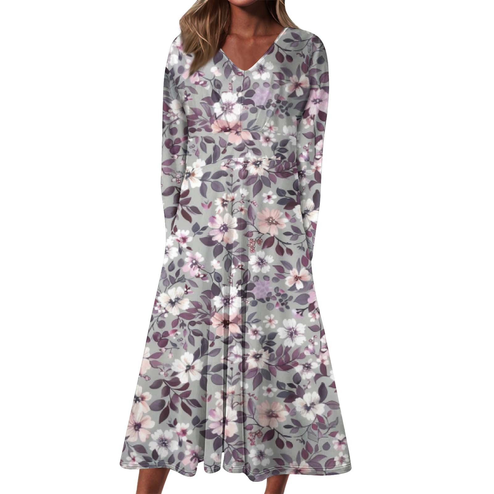 Fall Wedding Guest Dresses for Women V Neck Long Sleeve Floral Maxi