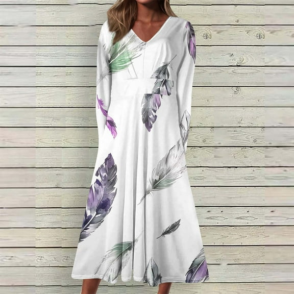 Fall Wedding Guest Dresses for Women V Neck Long Sleeve Floral Maxi Dress Fashion Retro Flowy Fall Dresses (Purple 2XL)