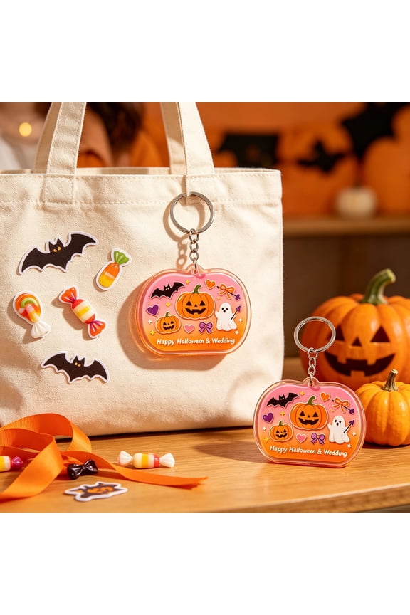 Fall Wedding Keychain 6 Pack, Acrylic Pumpkin Heart Lace Bag Charm Pendant, Double Layer Transparent with Metal Ring for Themed Party Decor, Guest Souvenir Gift, 1.57 x 4.06 Inches