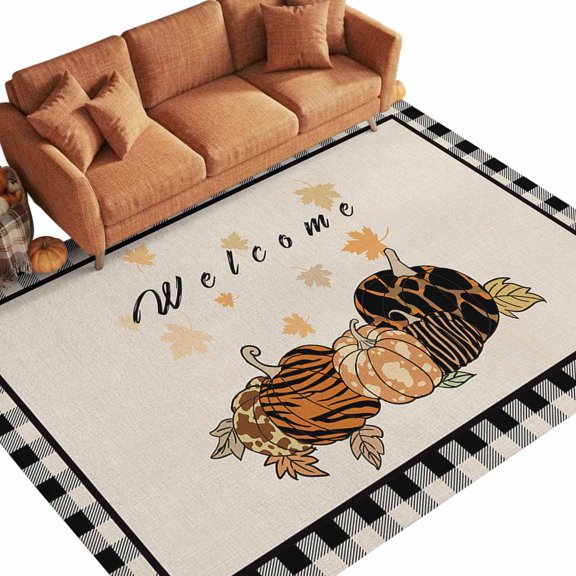 Fall Welcome 8'x10' Washable Area Rugs for Living Room Office, Leopard Pumpkin Black Buffalo Plaid Stain Proof Sturdy Non Slip Large Rectangle Lounge Area Rug