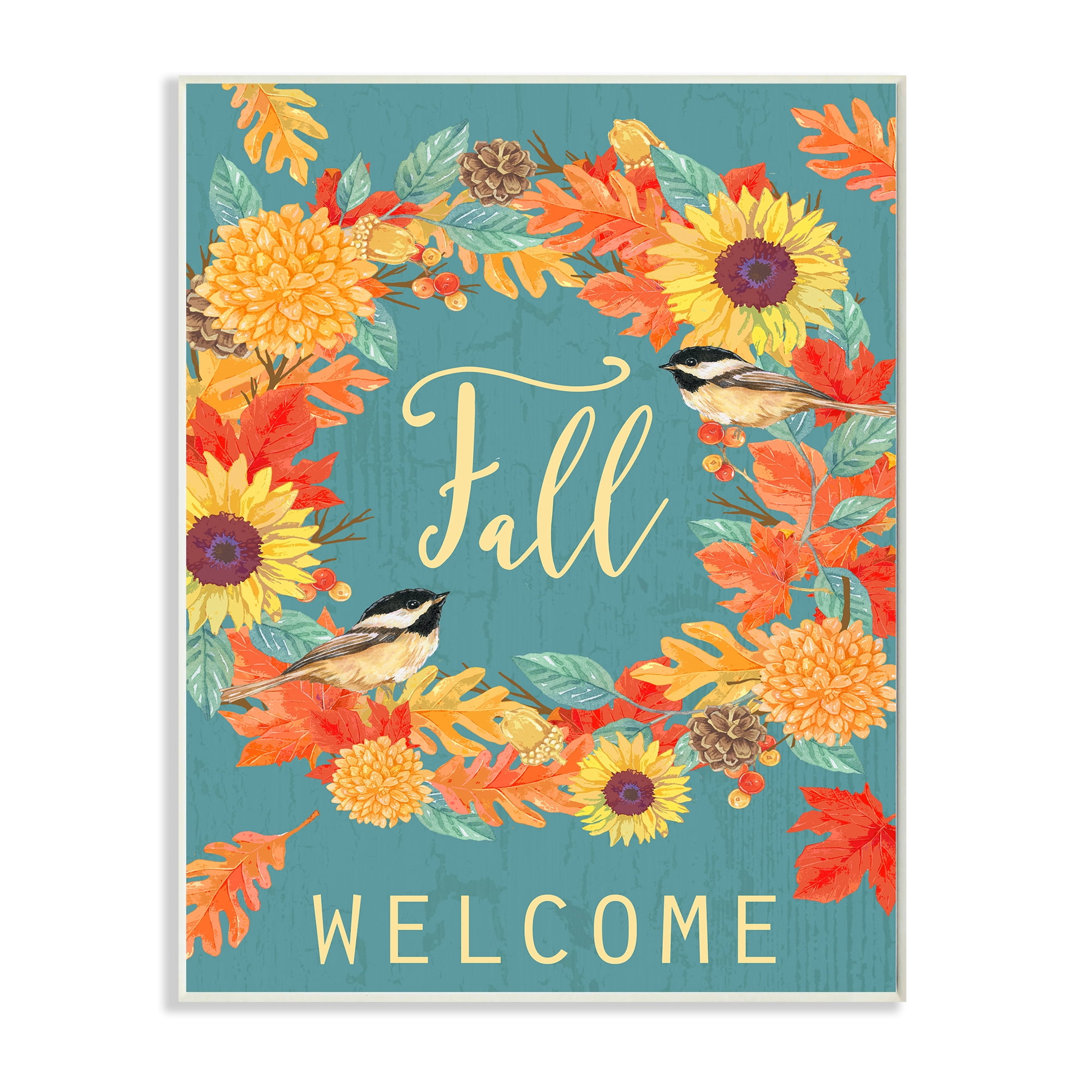 Fall Welcome Autumn Harvest Wreath Birds Design 10 in x 15 in Framed Painting Art Prints, by Stupell Home Décor