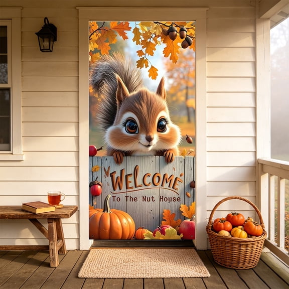 Fall Welcome Door Cover, 180 x 90 cm, Woodland Squirrel and Pumpkin Print, Seasonal Fabric Decoration for Entryways and Harvest Parties