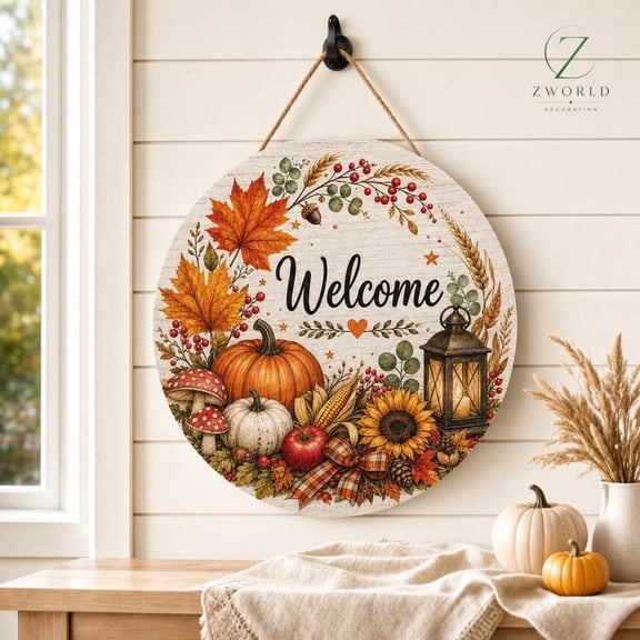 Fall Welcome Door Hanger, Autumn Front Door Sign, Farmhouse Pumpkin Door Decor, Rustic Fall Wooden Sign, Thanksgiving Porch Decor Gift