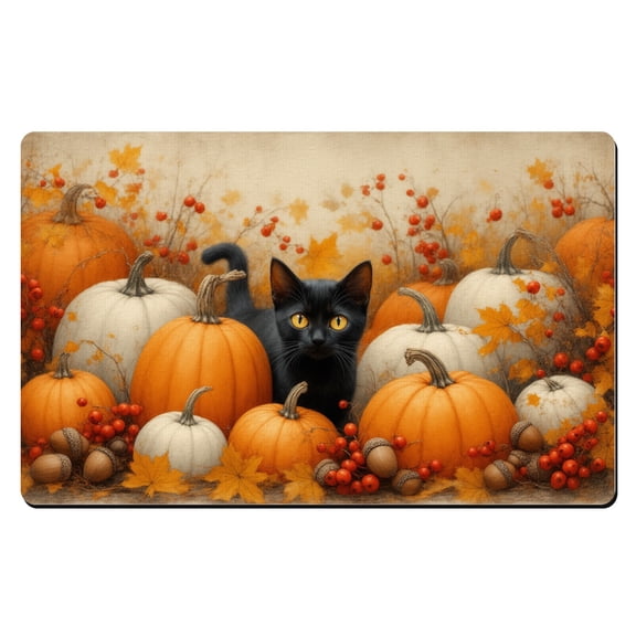 Fall Welcome Door Mat A black cat sitting in a pile of pumpkins. Washable Kitchen Mat Standard Doormat Entry Mat Indoor