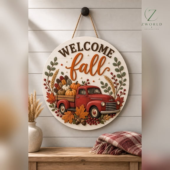 Fall Welcome Door Sign, Wooden Pumpkin Door Hanger with Autumn Flowers, Thanksgiving Porch Decor, Autumn Harvest Home Gift