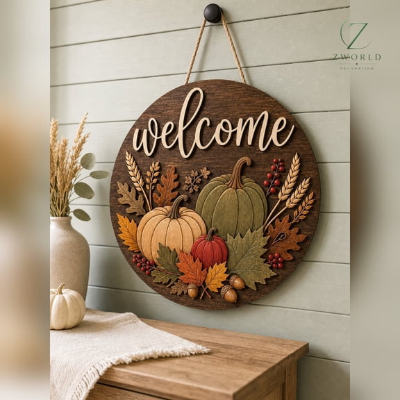 Fall Welcome Door Sign, Wooden Pumpkin Hanger With Autumn Flowers for Thanksgiving Porch Decor