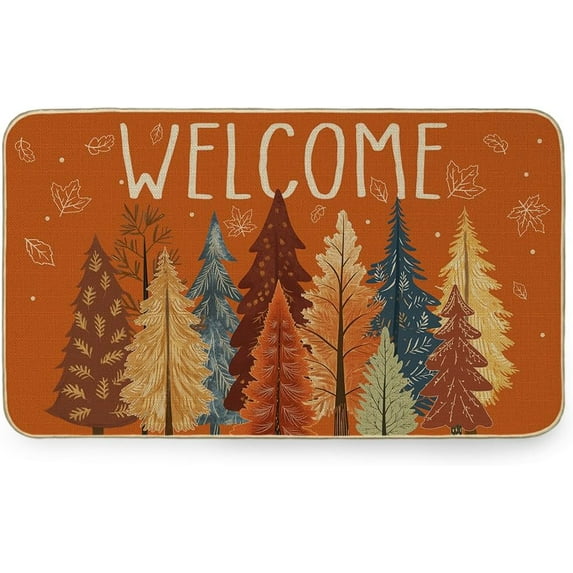 Fall Welcome Doormat, 17x29 Inch Non-Slip Watercolor Trees & Maple Leaves Decorative Entry Rug for Autumn,Thanksgiving, Farmhouse & Entrance | Indoor/Outdoor Front Door Mat Orange GK083