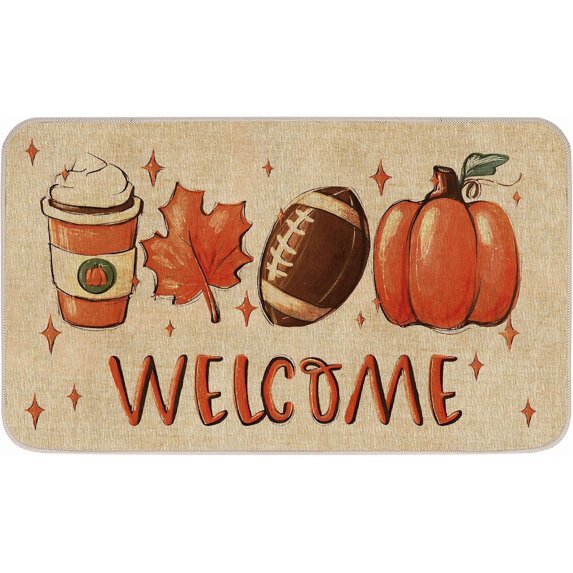 Fall Welcome Doormat Autumn Pumpkin Leaf Football Welcome Door Mat Entrance Rugs with Anti-Slip Rubber Back Rectangle Floor Mat for Thanksgiving Harvest Indoor Outdoor Kitchen, 17 x 29 Inch