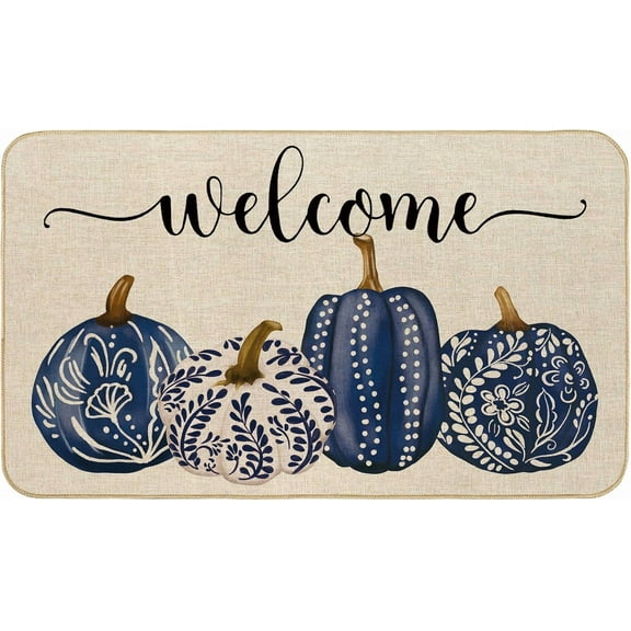 Fall Welcome Doormat Blue Chinoiserie Pumpkin Front Door Mat Autumn Farmhouse Door Rug Carpet Floor Mat for Thanksgiving Indoor Outdoor, 1624 Inch.