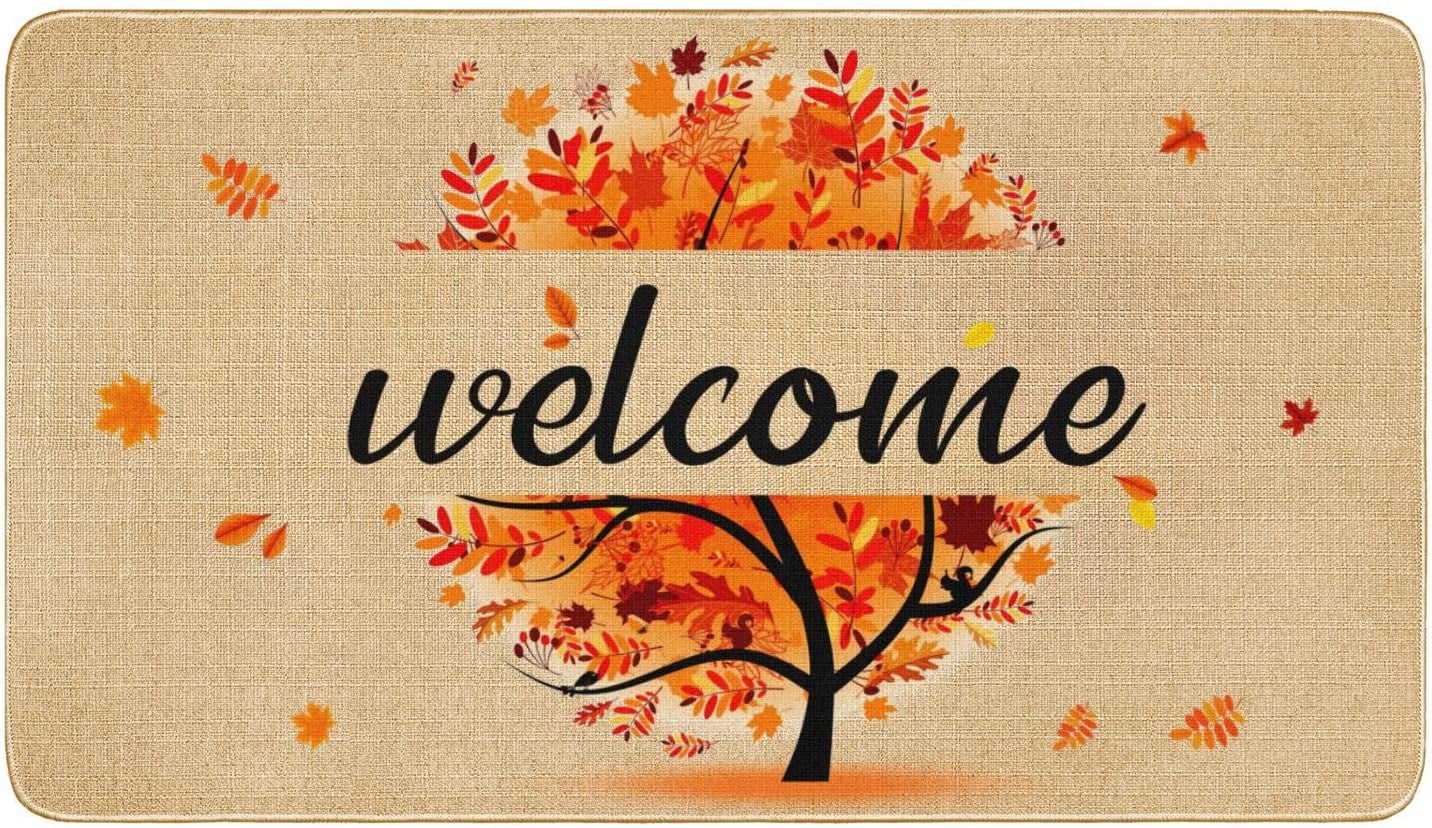 Fall Welcome Front Doormat, Orange Floral Tree Decor Floor Mat Autumn Rubber Non-Slip Reusable Entrance Door Mat Gift Indoor Decoration Supplies Home Decorations Outdoor Mats 17x30"