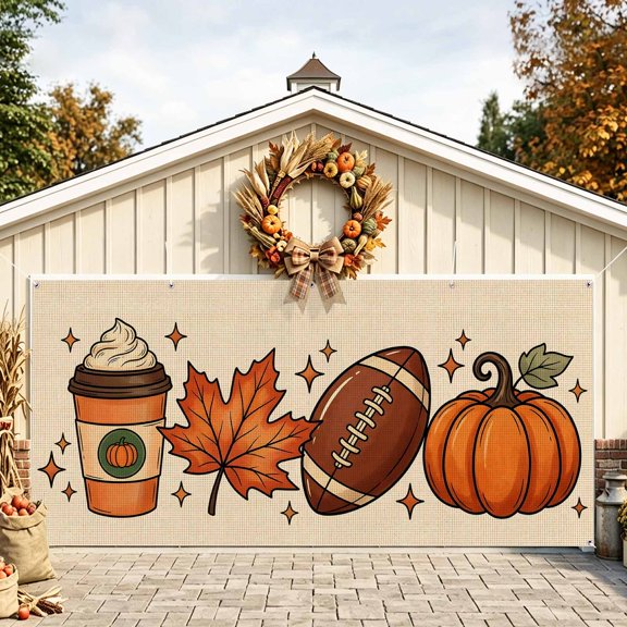 Fall Welcome Garage Door Banner 6.9x8 Ft, Autumn Thanksgiving Pumpkins Rugby Outdoor Garage Door Cover for Holiday Party, Hanging Banner Backdrop Decoration Wall Decor Flag