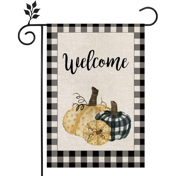 Fall Welcome Garden Flag 12 x 18 Inch Pumpkin Buffalo Check Burlap Vertical Double Sided, Thanksgiving Autumn Garden Flags Yard Outdoor Decor Fall flag03