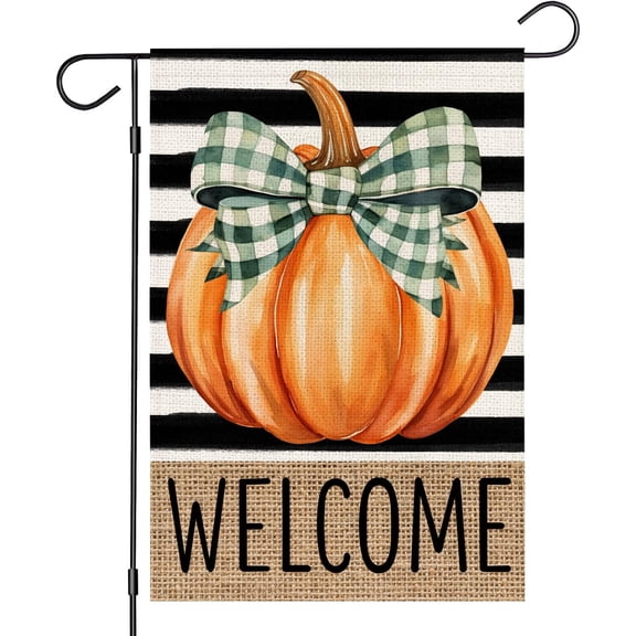 Fall Welcome Garden Flag 12x18 Inch, Pumpkin Double Sided Small Decorative Flag for Outside Yard Lawn Outdoor Decoration (Stripes-NO.9)