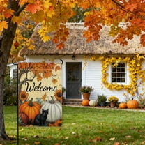 Fall Welcome Garden Flag, 12x18 Inch Thanksgiving Double Sided Burlap Autumn Black Cat Pumpkin Garden Flag, Harvest Pumpkin Farmhouse Small Fall Thankful Yard Flag for Outside Decoration
