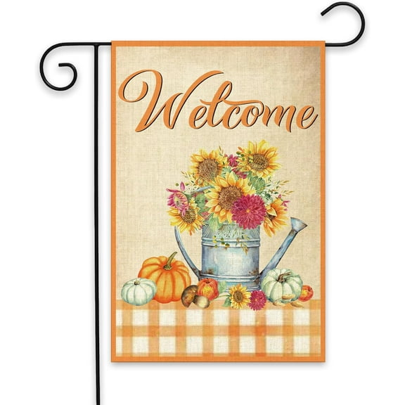 Fall Welcome Garden Flag - Pumpkin Sunflower Yard Sign - Hello Autumn Rustic Farmhouse Seasonal Holiday Flag for Outdoor Yard Lawn Decor - Vertical Burlap Flag Double Sided - 18 x 12.5 in