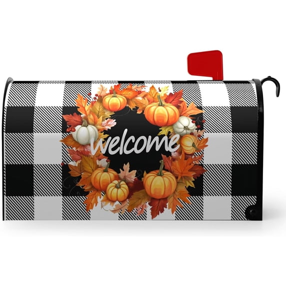 Fall Welcome Mailbox Covers Magnetic Standard Size Autumn Pumpkin Maple Leaf Mailbox Cover Wreath Mailbox Post Cover Buffalo Plaid Mailbox Wrap Mailbox Decor Outdoor for Garden Yard 21x18 Inch