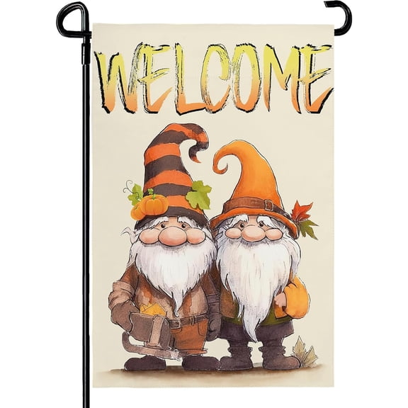 Fall Welcome Pumpkin Garden Flag 12x18 Inch Double Sided, Vertical Gnome Yard Flag Linen, Autumn Maple Leaves Seasonal Holiday Outdoor Outside Decoration