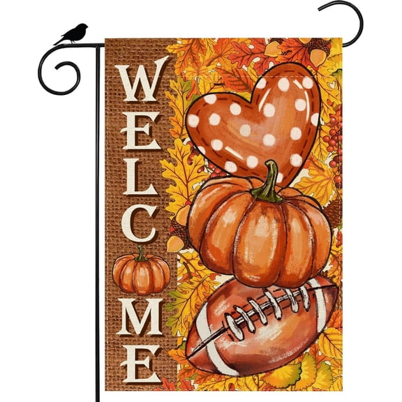 Fall Welcome Pumpkins Football Love Heart Maple Leaves Autumn Garden Flag Yard Flag 12x18 Inch Double Sided Small Mini Yard Outdoor Outside Farmhouse Holiday Decoration