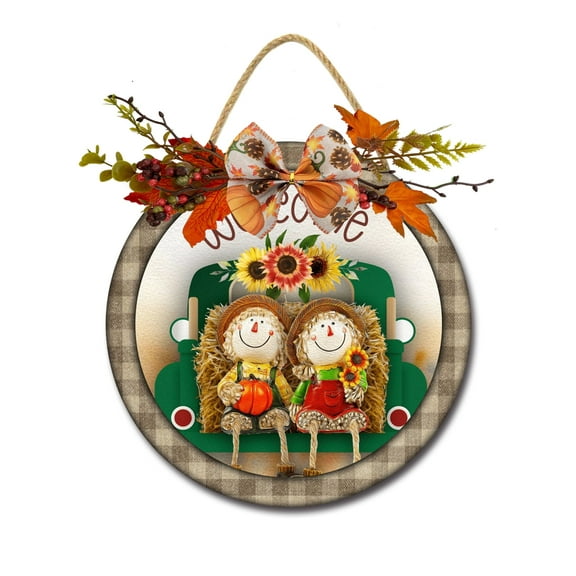 Fall Welcome Sign Front Door Porch Decorations, Round Rustic Wood Hanging Sign for Farmhouse Porch Outdoor Home Holiday Front Door Sign Decor