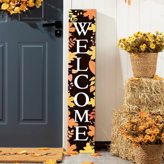 Fall Welcome Sign for Front Porch Standing, Autumn Wooden Porch Sign with Maple Leaves for Front Door Decorations, Farmhouse Vertical Hanging Signs Welcome Sign for Thanksgiving Home Decor 47"7.8"