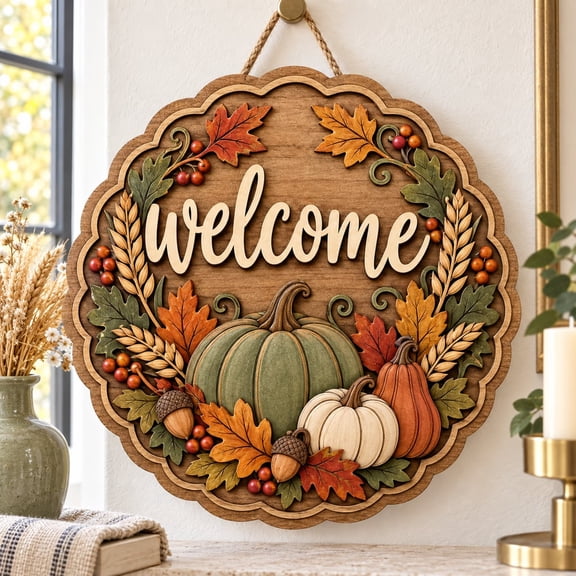 Fall Welcome Sign, Pumpkin and Sunflower Wooden Front Door Decor for Thanksgiving