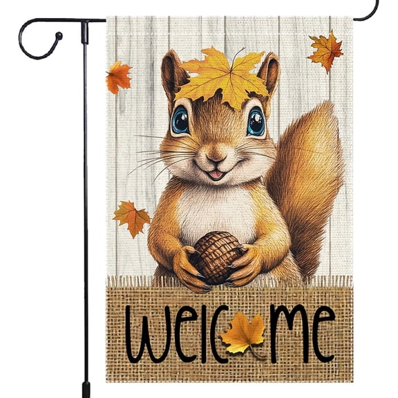 Fall Welcome Squirrel Garden Flag Double Sided Burlap Autumn Maple Leaf 12 x 18 Inch Rustic Farmhouse Outdoor Yard Decor
