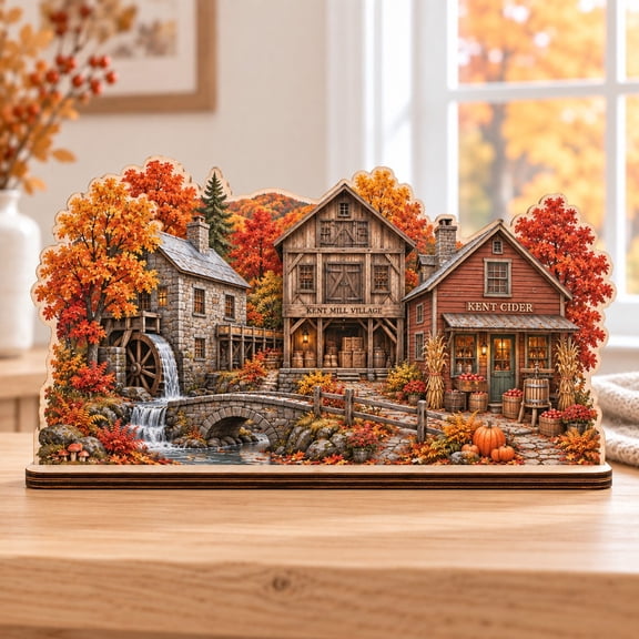 Fall Welcome Wooden Block, Kent Mill Village Three-Building Scene for Tabletop Display, Autumn Host