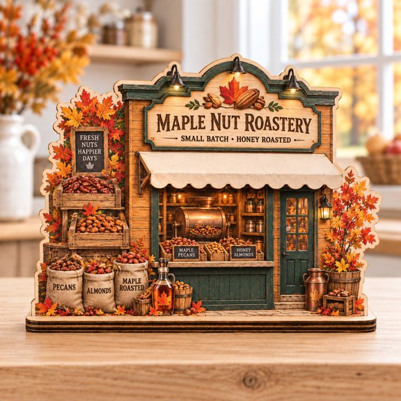 Fall Welcome Wooden Block Maple Nut Roastery Shop House Display for Kitchen Counter