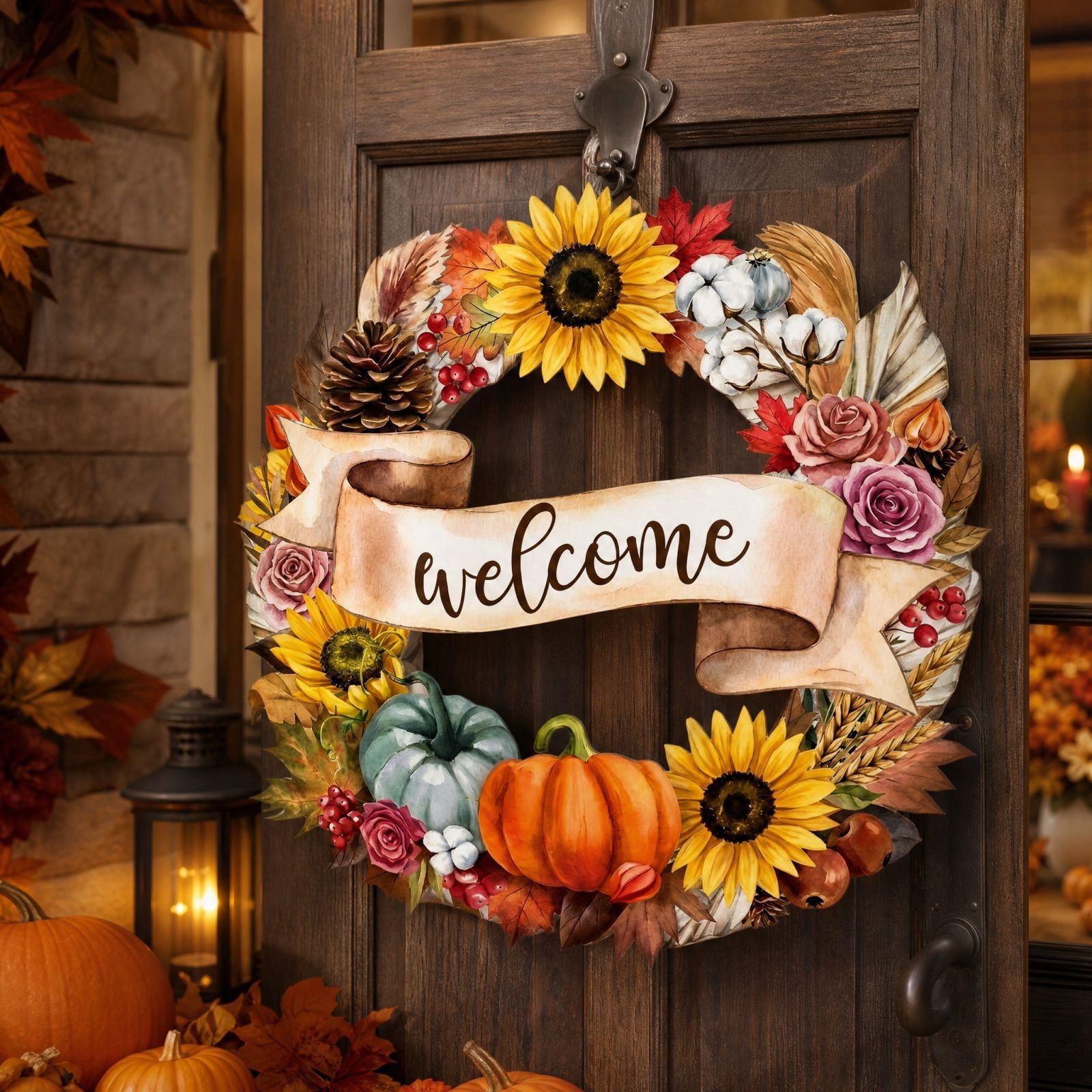 Fall Welcome Wooden Sign 11.8in - Round Pumpkin Sunflower Hanging Sign ...