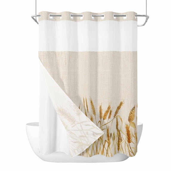 Fall Wheat No Hook Shower Curtain Waterproof, Bathroom Curtains with Snap in Liners and See Through Top Window, Autum Botanical Rustic Yellow Orange Hotel Style Bathtub Curtains Shower 60"Wx72"L