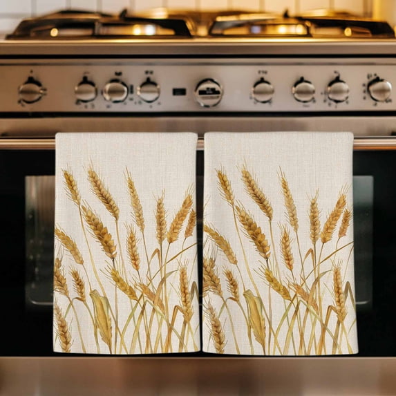 Fall Wheat Kitchen Towels Set of 2, Autum Botanical Rustic Yellow Orange Absorbent Dish Towels for Kitchen, Microfiber Hand Towel, Quick Drying Tea Towel for Cleaning Decorative Dishcloths