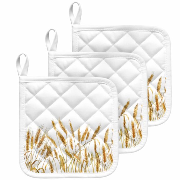 Fall Wheat Pot Holders for Kitchen Heatproof Potholder, 3 Pack Autum Botanical Farmhouse Yellow Orange Hot Pads Multipurpose Oven Pads Cloth Potholders Trivet for Cooking Baking