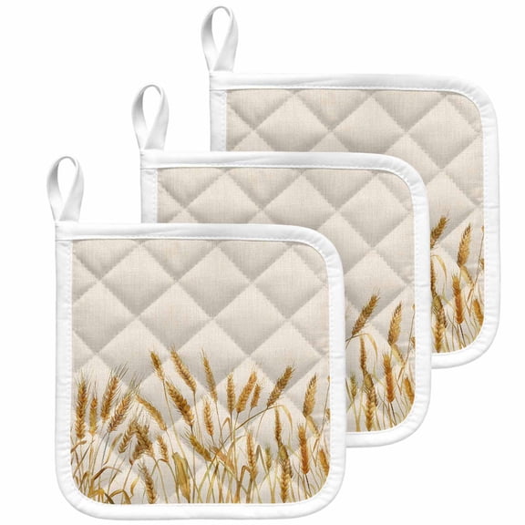 Fall Wheat Pot Holders for Kitchen Heatproof Potholder, 3 Pack Autum Botanical Rustic Yellow Orange Hot Pads Multipurpose Oven Pads Cloth Potholders Trivet for Cooking Baking