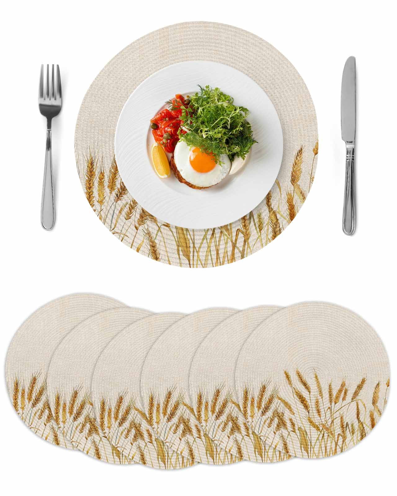 Fall Wheat Round 13 Inch Placemats Set of 6, Autum Botanical Rustic ...