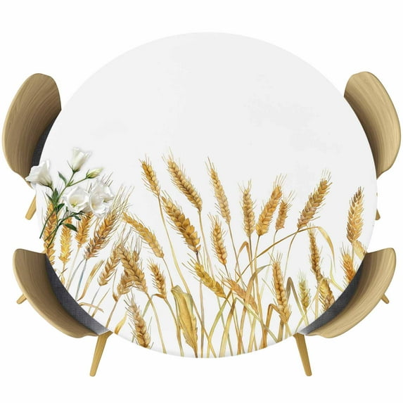 Fall Wheat Round Tablecloth 36-44 Inch Round Fitted Table Cloth with Elastic Edge, Autum Botanical Farmhouse Yellow Orange Waterproof Table Cover Protector for Outdoor Picnic Party Dining