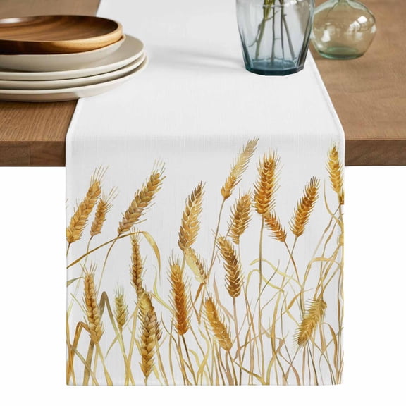 Fall Wheat Table Runner, Autum Botanical Farmhouse Yellow Orange Washable Cotton Linen Table Runners 108 Inches Long, Dresser Scarf Runner for Dining/Living Room/Kitchen/Square Tables 13''x108''