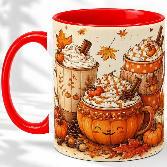 Fall Whipped Drink Accent Mug, 11oz Ceramic Coffee Cup for Fall Fans Ceramic mug featuring whipped drinks, pumpkins, cinnamon sticks, and leaves for coffee or tea