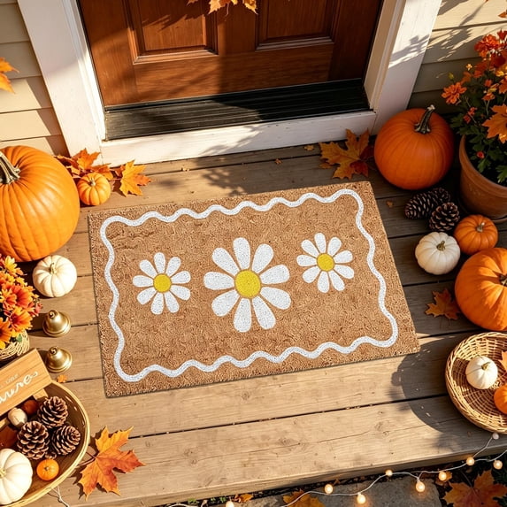 Fall White Daisy Doormats Farmhouse Imitation Coir Outdoor Mat Autumn Welcome Harvest Front Non-Slip Mat Thanksgiving Rugs Decor for Indoor Outdoor Home Entrance Porch, 20" x 32"
