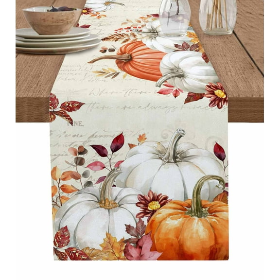 Fall White Pumpkin Burlap Cotton Table Runner 13x108 Inches Long, Thanksgiving Orange Leaves Country Farmhouse Table Runners, Outdoor Dining Tablecloths Decor for Baby Shower/Party/Wedding