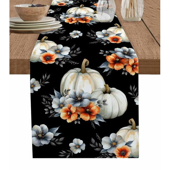 Fall White Pumpkin Burlap Cotton Table Runner 13x48 Inches Long, Thanksgiving Orange Flowers Pastoral Farmhouse Table Runners, Outdoor Dining Tablecloths Decor for Baby Shower/Party/Wedding