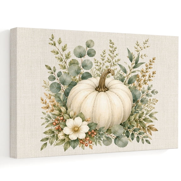 Fall White Pumpkin Canvas Wall Art, Harvest Green Eucalyptus Leaves Botanical Wall Art Prints Artwork Framed Canvas Ready to Hang Art Pictures for Bathroom, Dressing Table, Entryway 12" x 8"