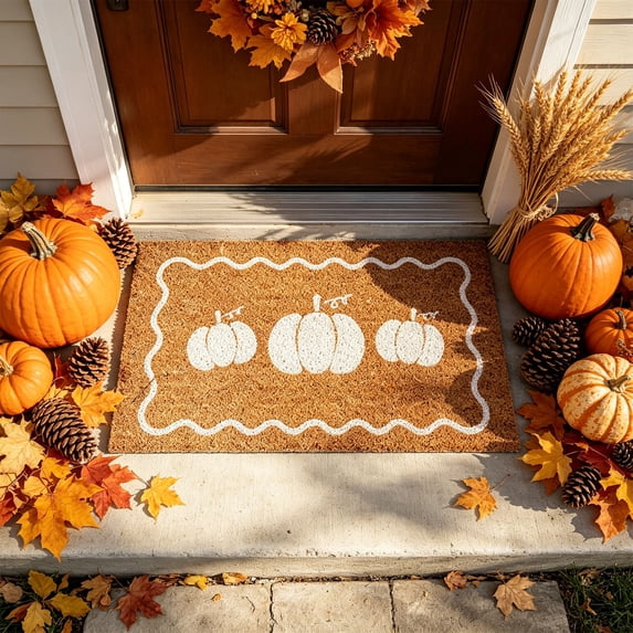 Fall White Pumpkin Doormats Farmhouse Imitation Coir Outdoor Mat Autumn Welcome Harvest Front Non-Slip Mat Thanksgiving Rugs Decor for Indoor Outdoor Home Entrance Porch
